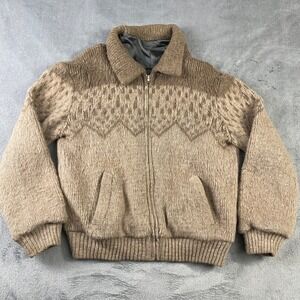 Womens Bomber Jacket L Wool Blend Brown Chunky Fair Isle Zip Up Coat Cottagecore